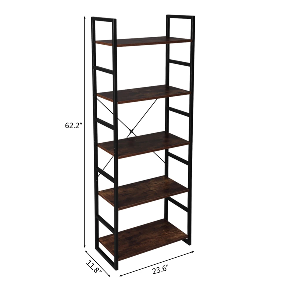 

5 Tiers Bookshelf Bookcase Storage Shelves Organizer Display Stand Holder Book Rack Furniture Wood and Metal Bookshelf Rack