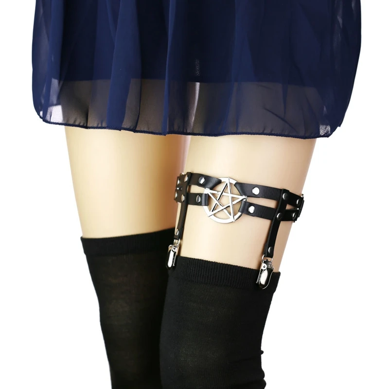 

Punk Pentagram Leather Garters Goth Leg Ring Female Sexy Revits Garters Harajuku Streetwear Stretchy Party Leg Rings