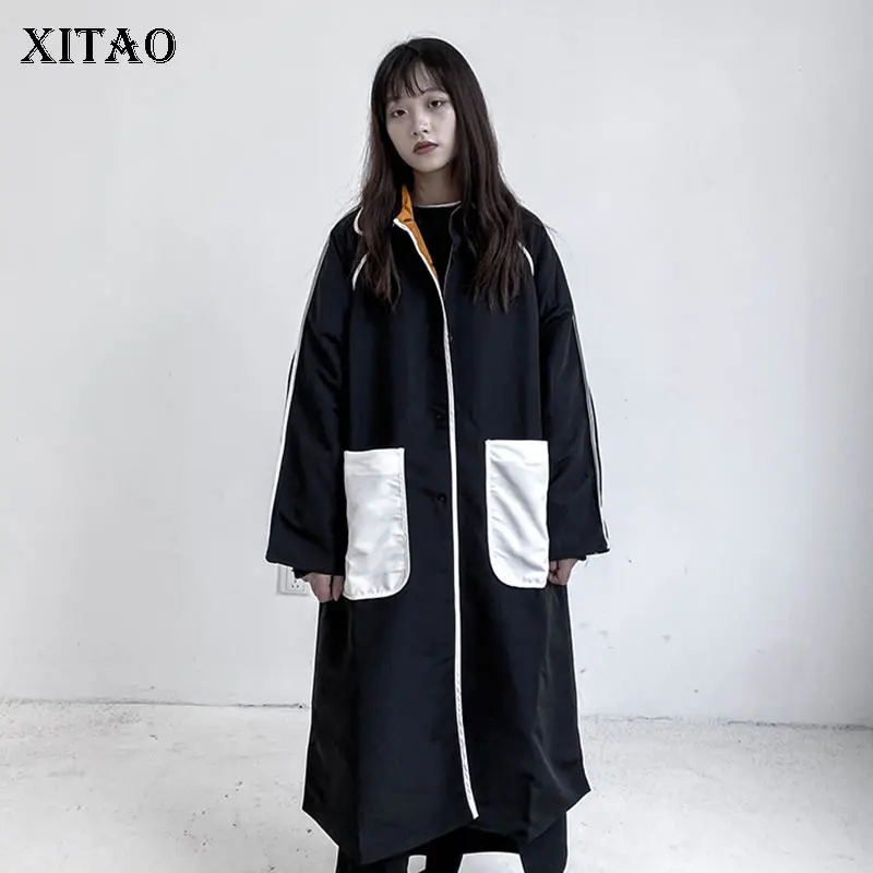 

XITAO Зимний новый женский бандажный Тренч контрастного цвета с карманом в стиле пэчворк, свободный, модный, Повседневный, большой размер, уни...