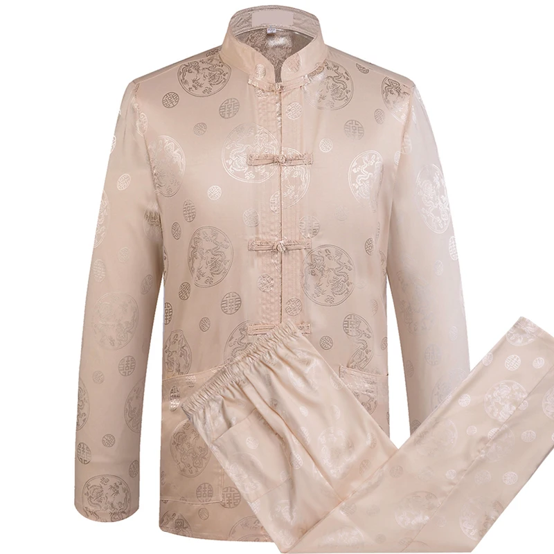 Gray Chinese Dragon Men's Tang Suit Sets Long Sleeve Shirt Long Pants Dragon Kung Fu Suit High Quality Silk Wu Shu Tai Chi Sets