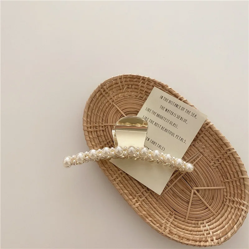 

2021 New Large Metal Rhinestone Hair Claw Clips Pearl Beads Hair Catch Barrette for Women Half Bun Hairpins for Thick Hair