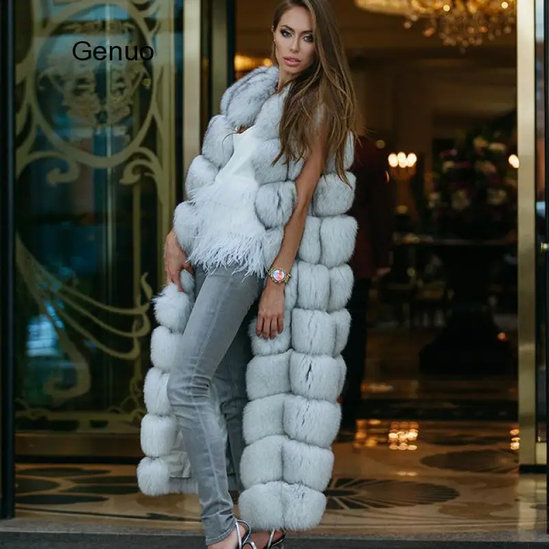 10-section Luxury Faux Fox Fur Winter Vest Jacket Sleeveless Thick Warm Horizontal Striped Long Style Fluffy Fake Overcoat | Женская