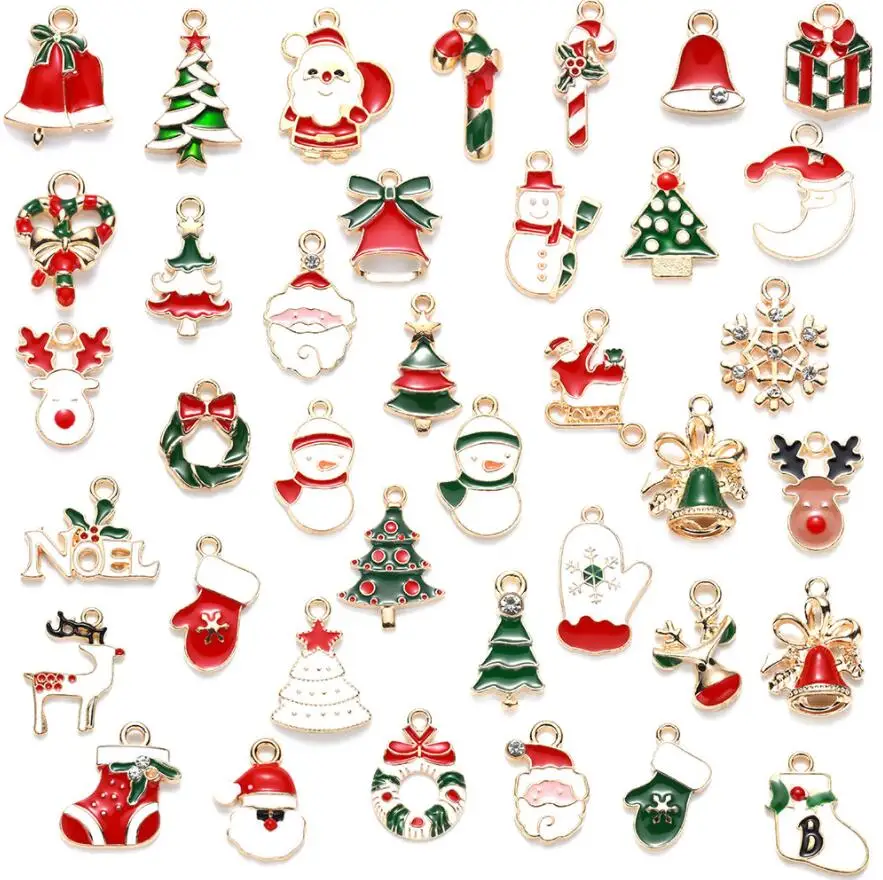 

76PC/lot Mix Styles 10-25mm Cute Enamel Christmas Tree Santa Claus Pendant Hang Charms DIY Jewelrys For Bracelet Necklace Making
