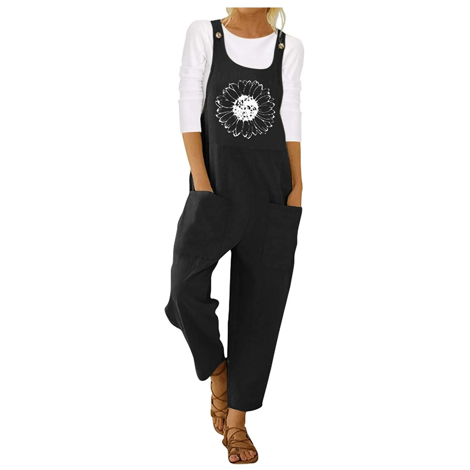

Spring New Solid Womens Jumpsuit Elegant Sleeveless Sling Long Pants Adjusted High Waist Zipper Pocket Cotton Rompers