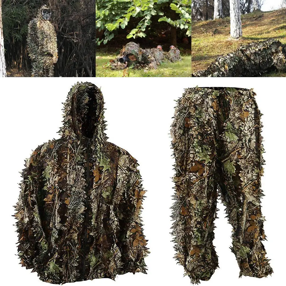 Outdoor Hunting Camouflage 3D Forest Leaf Hooded Jacket Coat Pants Clothes Breathable light and comfortable Set | Спорт и