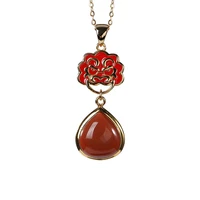s925 sterling silver gold plated cloisonne southern red agate pendant vintage god beast drop shaped ladies pendant