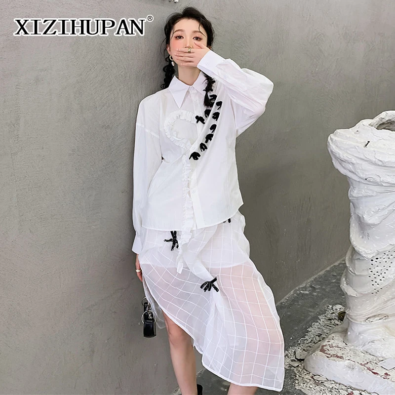 

XIZIHUPAN Temperament Patchwork Bowknot Women's Shirt Lapel Long Sleeve Ruffle Trim Loose Blouses Female Autumn 2021 Clothes New