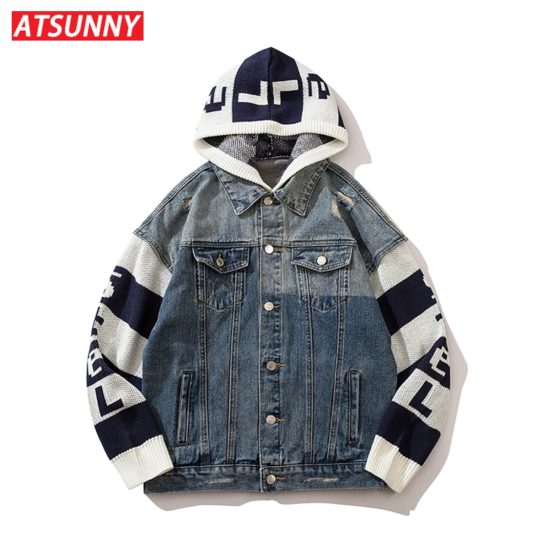 

ATSUNNY Hip Hop Mens Jeans Jackets Casual Fashion Hooded Denim Coats Autumn and Winter Clothes Streetwear Harajuku Style Man