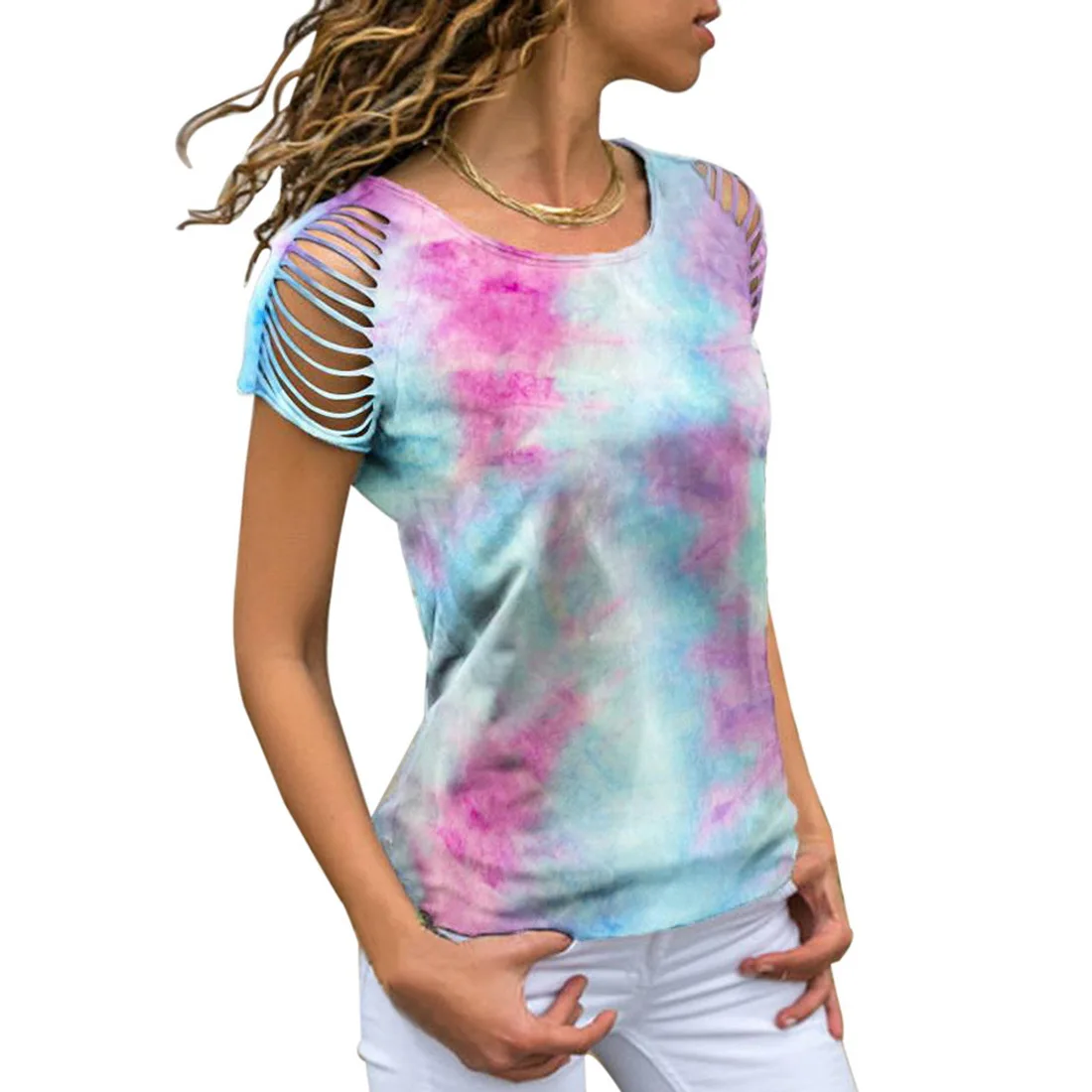 

Littlerossa Women Shirts Cold Shoulder Tops Hollow Out T Shirt Women Tops Tie Dye Fashion Tshirt Korean Clothes Tee Shirt Femme