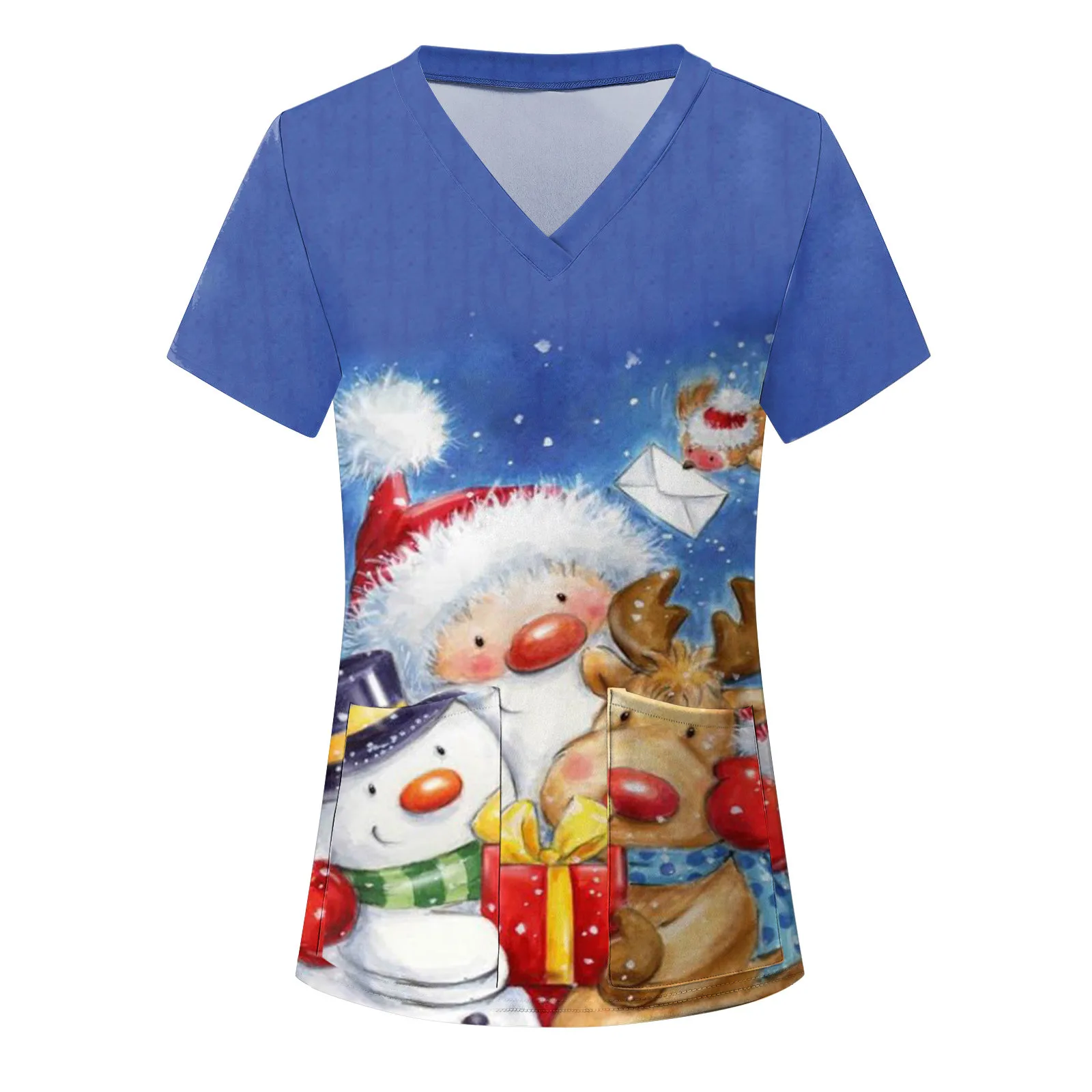 Kawaii Women Nurses Uniform Christmas Tunic Scrub Tops Blouse Santa Claus Print Clinic Carer Protective Nursing Uniform Shirts