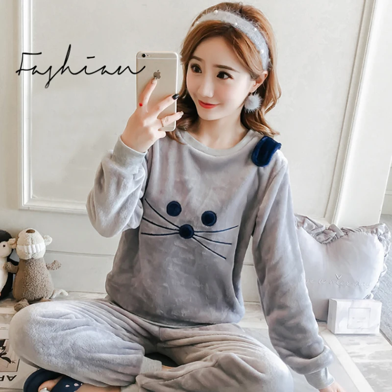 Осенне-зимняя Дамская пижама серая симпатичная маленькая Пижама с рисунком мыши