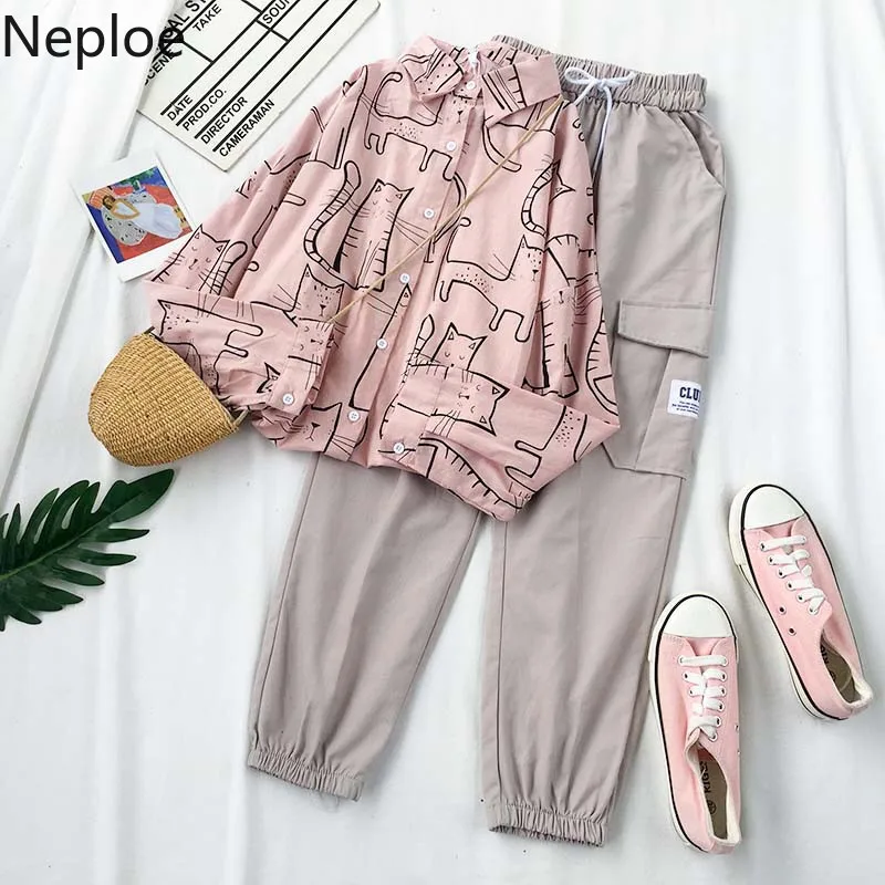 Neploe блузка с отложным воротником и длинным рукавом принтом кошки однобортная