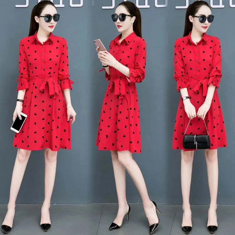 

Spring and autumn 2020 new printed long-sleeved mid-length dress women's plus size western temperament waist slim skirt