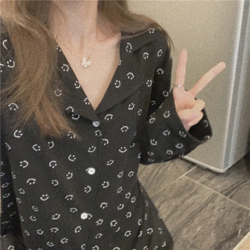 

2pcs Casual Pajama Sets Women Autumn V-Neck Long Sleeve Sleepwear Student Leisure Japanese Style Simple Home Loose New Chic