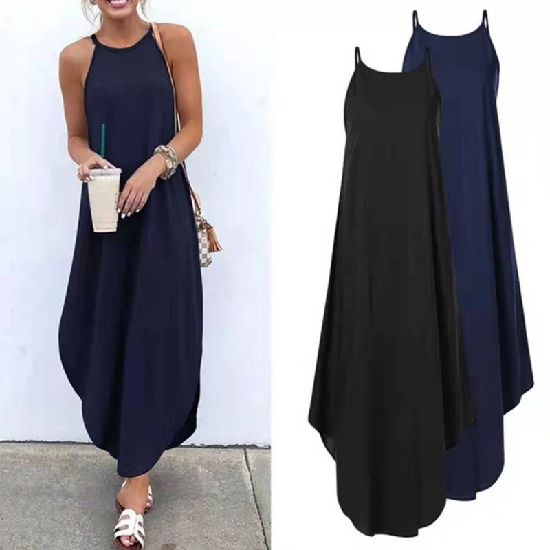 

Fashion Round Neck Solid Color Large Size Swallow Tail Lamp Beach Leisure Lady Suspender Skirt StreetLeisure Clothing Wholesale