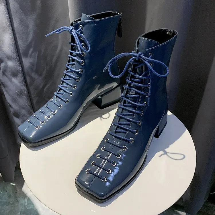 Женские кожаные ботинки EOEODOIT с квадратным носком на среднем каблуке со шнуровкой