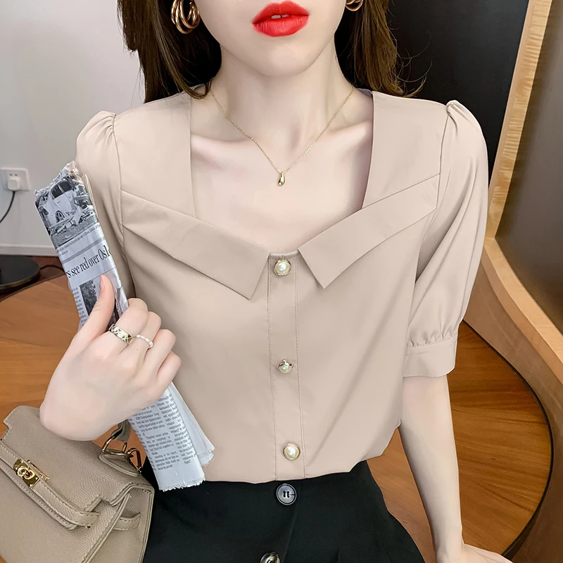 

Chiffon Slim Women's Blouses New Casual Blouse Fashion Short Sleeve Top Solid Color Square Collar Button Shirt Summer Houthion