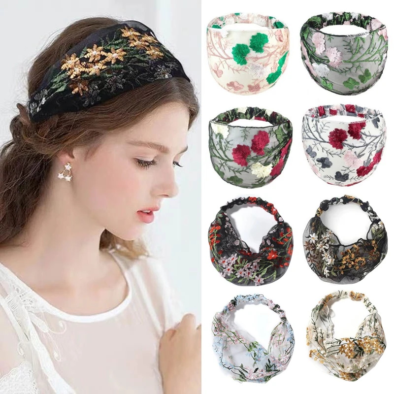 Женская Кружевная повязка на голову с цветочной вышивкой |