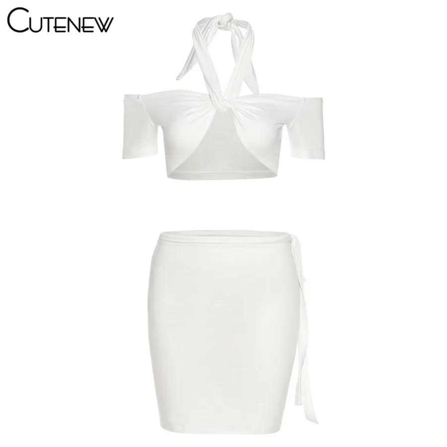 

Cutenew Halter Sexy Two Piece Set Women 2021 Summer Fashion Simple Solid Slash Neck Crop Tops+MIni Skirt Body-Shaping Streetwear