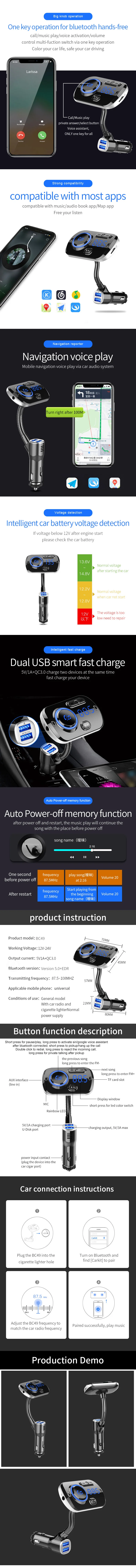 Car bluetooth car kit FM Transmitter modulator aux Usb handsfree Speakerphone QC3.0 Car Charger bluetooth 5.0 for Android/IOS