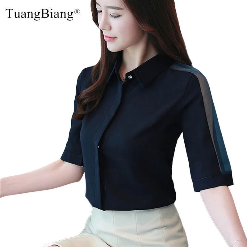 

Elegant Chiffon women blouses Summer 2020 Short sleeve Shirts Office Lady Turn-down Collar Hollow out Lace Gauze stitching Tops