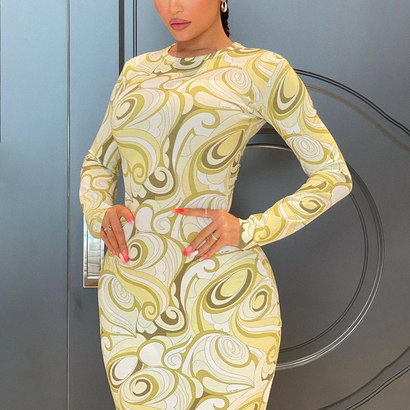 

NOVAINSPO Summer Printing Long Sleeve Elegant Outfits Aesthetic Tight Dress For Women 2021 Fashion Casual Skinny One Piece