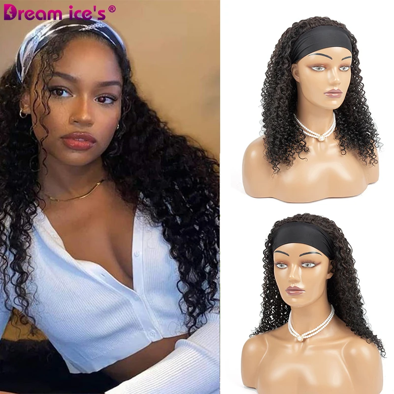 

20 Inch Long Deep Wave Headband Wigs for Women 60% Human Hair Wig Natural Color Hair Cosplay for Black Young Dream Ice