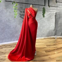 red satin charming elegant mermaid evening dresses one shoulder with long train women formal prom pageant gowns custom made