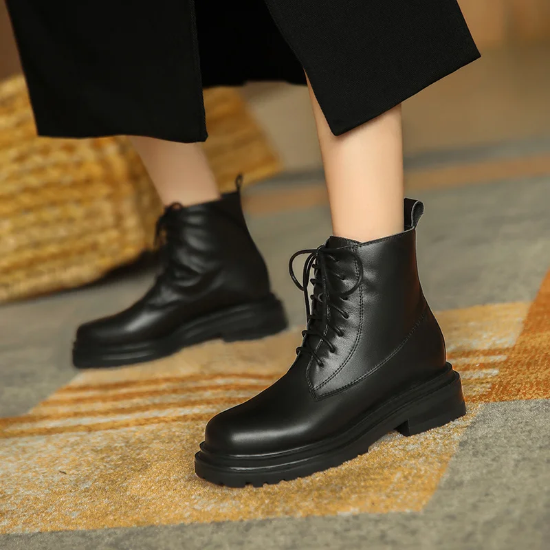 

2020 New winter 100% genuine leather ankle Women boots Motorcycle boots lace-up Female boots warm Women shoes cowhide
