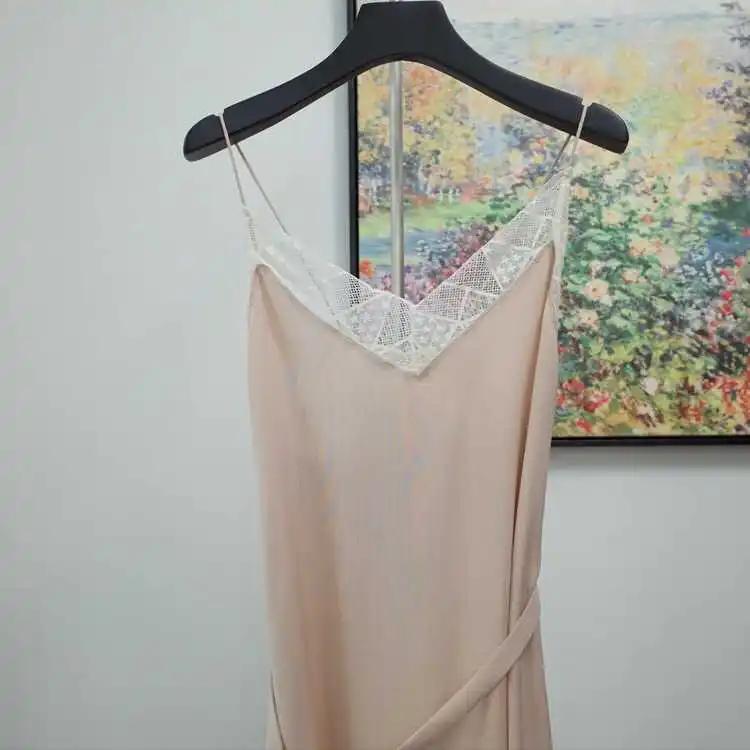 

Nude Pink SIlk Midi Strappy Dress V-neck Lace Embroidered Sleeveless Lace Insert detail hem Fashion dress with belt tied