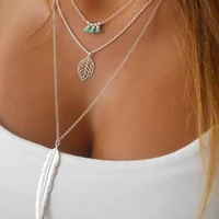 fashion leaf feather pendant multilayer necklace silver handmade turquoise beaded long sweater chain ladies party accessories