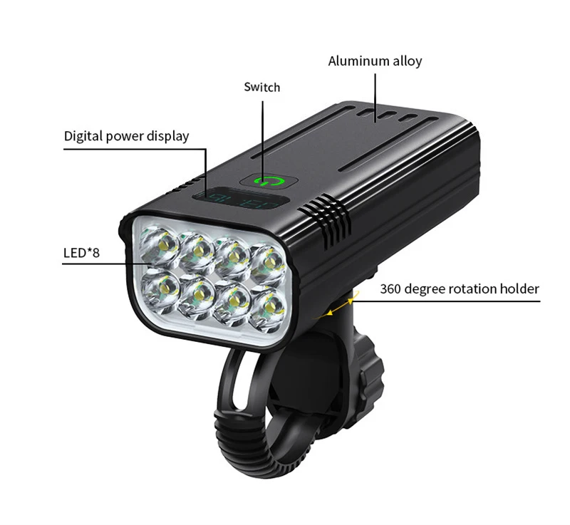 

2021 ABUTEC New Battery KX8D Waterproof USB Digital Display Bicycle Lights Accessories Headlight Light T6 Flashlight L2