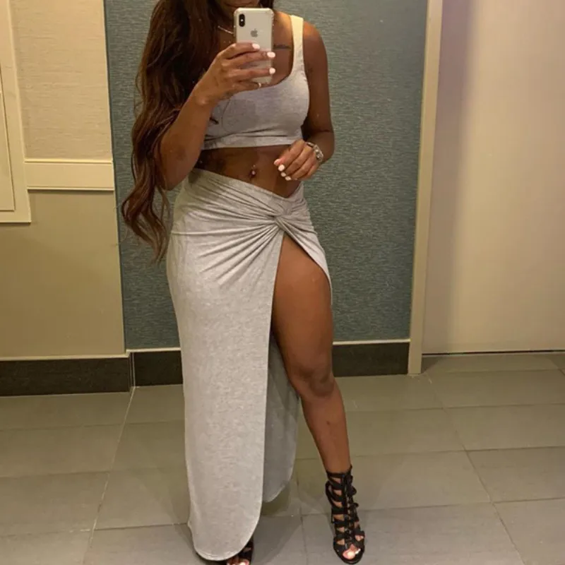 

Sexy Party 2 Piece Set Women 2021 Plus Size Crop Top Twist Side Split Long Skirts Matching Sets Club Two Piece Outfits