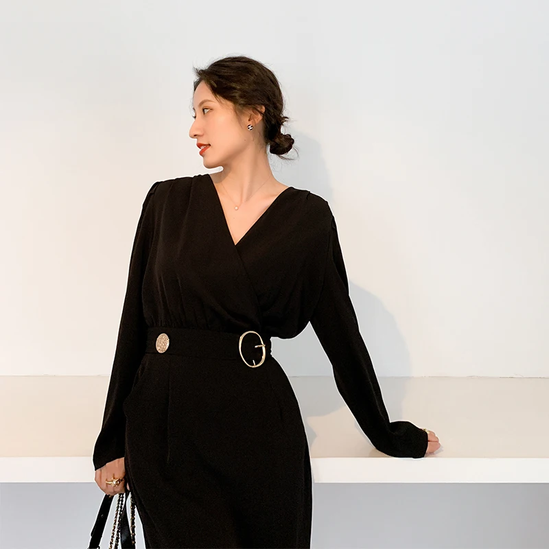 Женское черное платье с запахом новинка весны 2020 винтажное миди металлическим