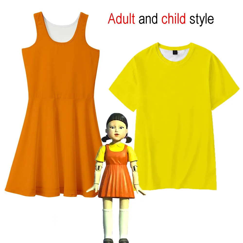 

New squid game doll costume adult child Cosplay dress + T-shirt yellow suit Halloween Christmas party costume plus size 90-190