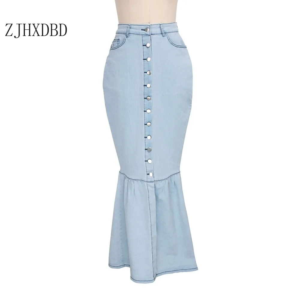 2021 женская синяя джинсовая Макси юбка на пуговицах Женская Осенняя с карманами и