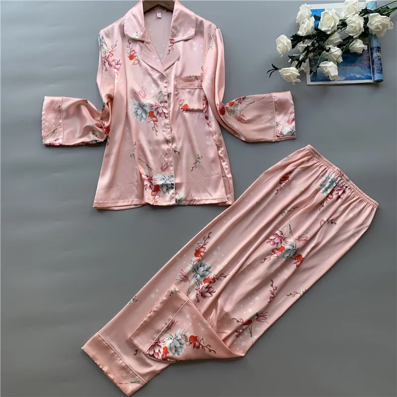 Женские атласные пижамы с цветочным принтом пижамные комплекты длинным рукавом