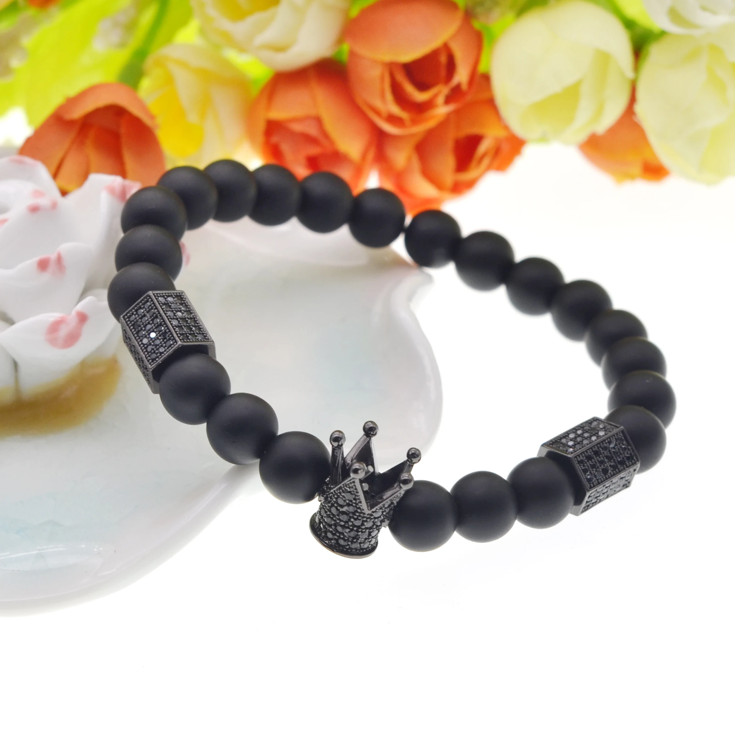 JOYA подарок мужской черный матовый оникс король корона амулеты Браслеты для