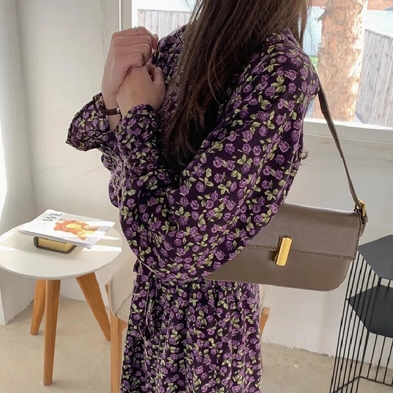 

Spring and Autumn Women's Casual Flower Printed Garment Collar Long Sleeve Belt Decorative Dress