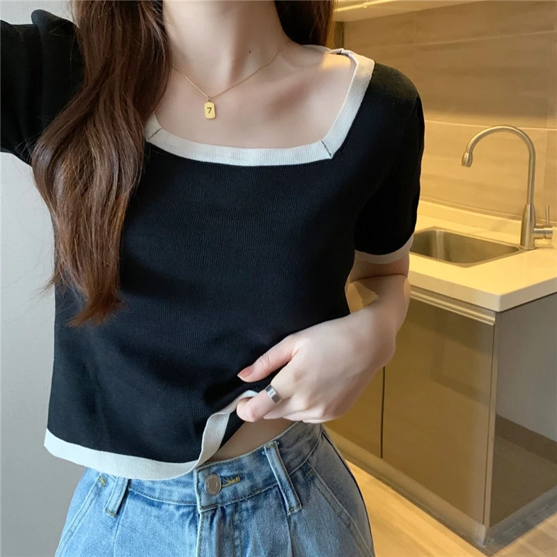 2021 новый квадратный воротник чувство дизайна контраст Цвет подходит для