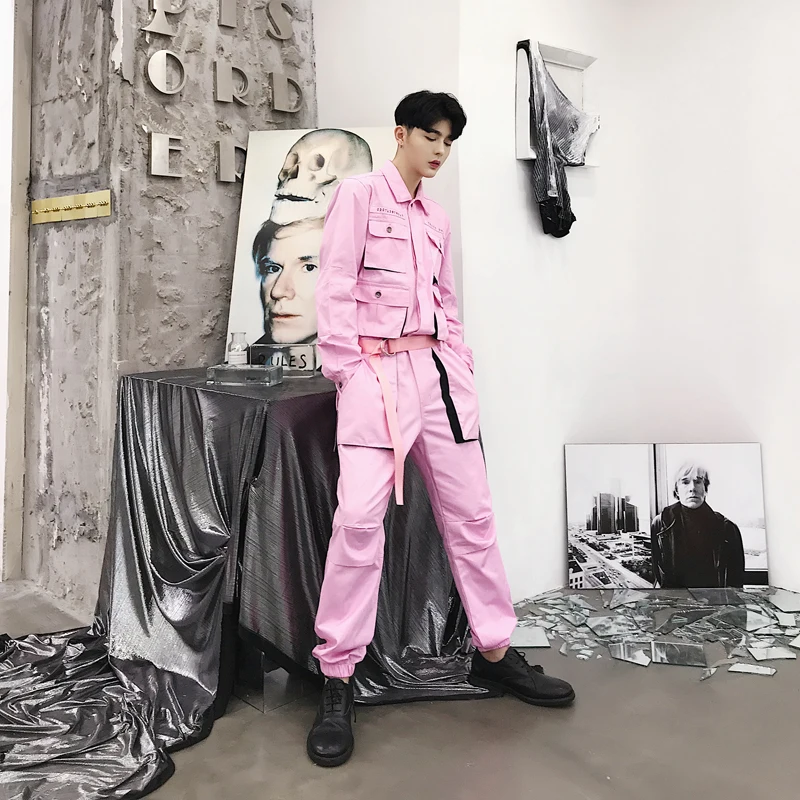 DIMI New Men Streetwear Hip Hop Casual Jumpsuit Cargo Pant Overalls Couple Stage Clothing Jumpsuit Yellow Pink Black Trousers