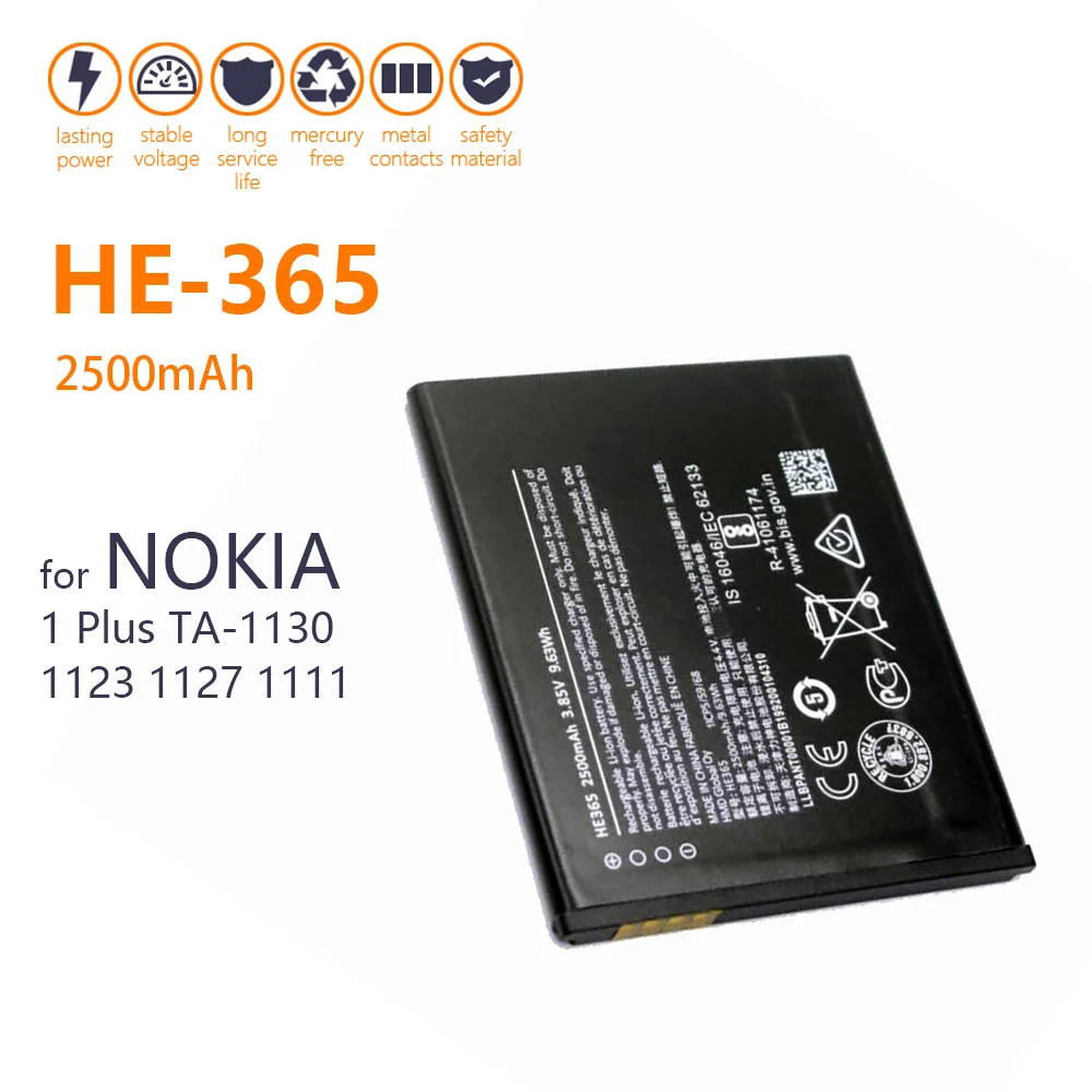 100% Оригинальный аккумулятор HE 365 для Nokia HE365 1 Plus TA-1130 1123 1127 1111 2500 мА · ч