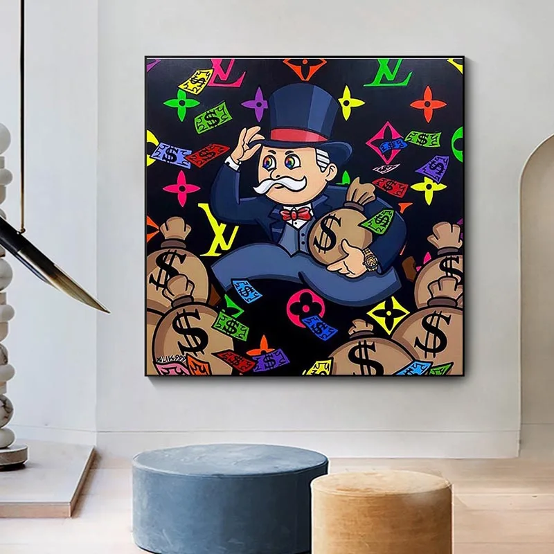 

Alex Art Monopoly Rich Man Hold A Bag of Money Canvas Painting Cartoon Poster Print Cuadros Wall Art for Living Room Home Decor