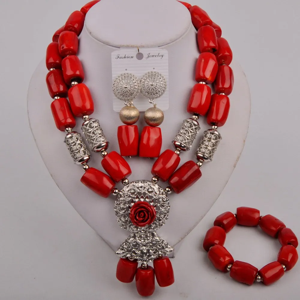 Модный комплект ювелирных изделий красный коралл ювелирные изделия ожерелье серьги браслет Ювелирные наборы нигерийские Свадебные наборы...