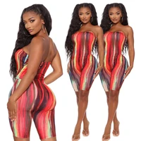 multicolor striped chest wrapped jumpsuits sexy print strapless slim tube rompers women middle waist straight shorts playsuit
