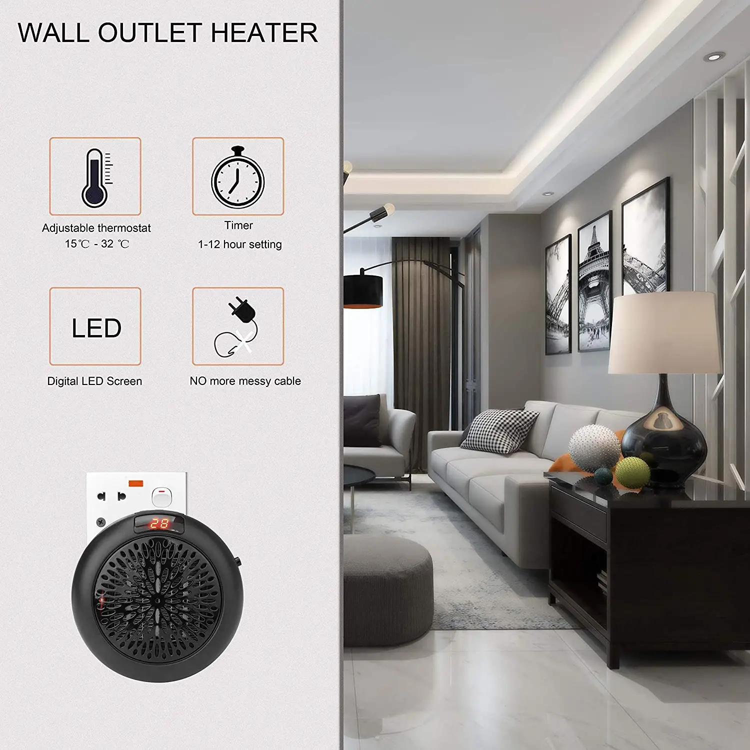 Электрический обогреватель 1000 Вт домашняя настенная розетка удобная