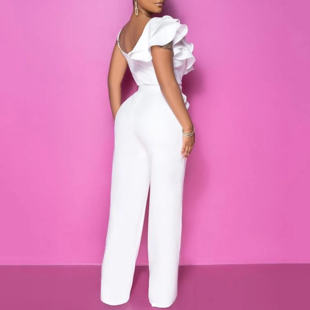 

3XL African Fashion White Party Sexy Jumpsuit Women Overalls 2021 Office Lady Asymmetric Ruffle High Waist Sling Long Jumpsuits