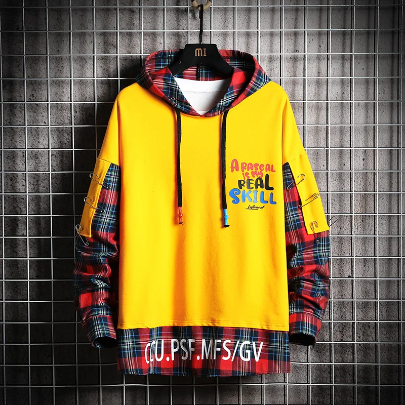 

2021 new Mens Hoodies Men 2020 Fashion Plaid Oversized Hip Hop Harajuku Japanese Streetwear Yellow Sweatshirt Male Hoodie Men