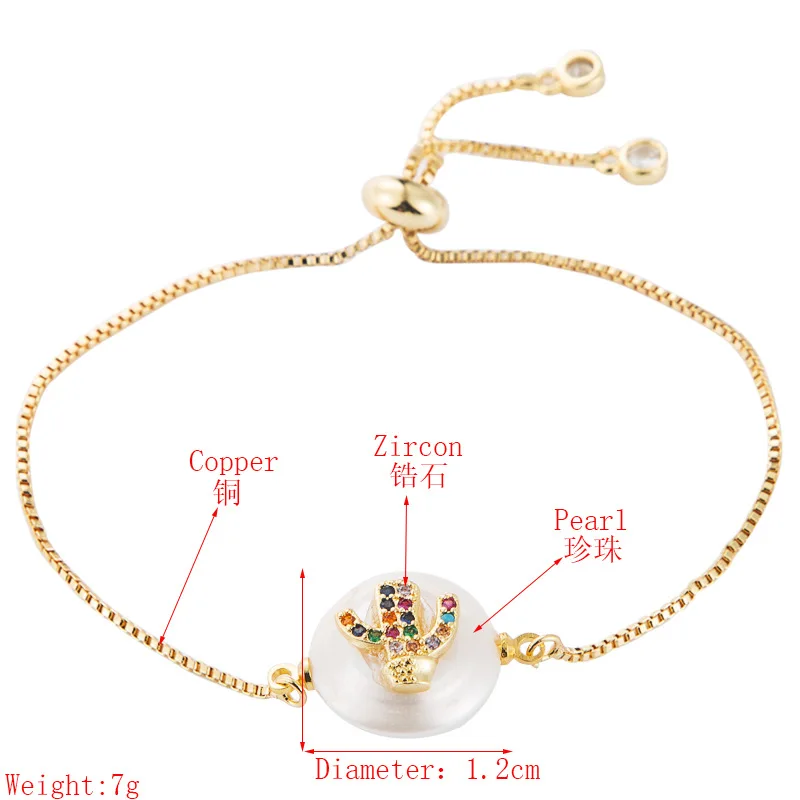 

Golden cactus inlaid with colored zircon natural pearl jewelry full copper drawing adjustable gold charm bracelet for girlfriend