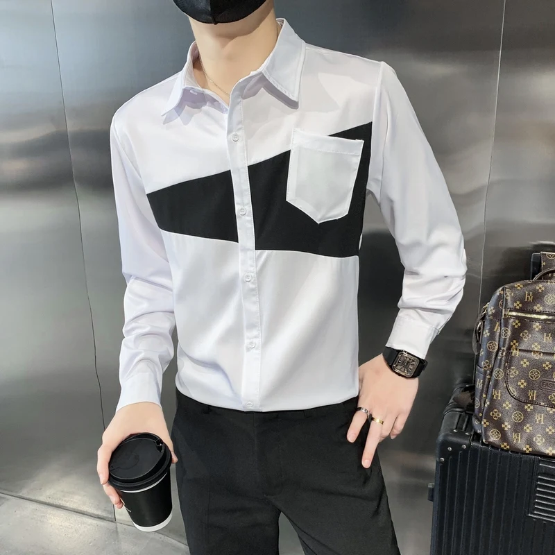 2021 Autumn Splicing Shirt for Men Long Sleeve Slim Streetwear Social Casual Shirt Nightclub Party Male Clothing Chemise Homme
